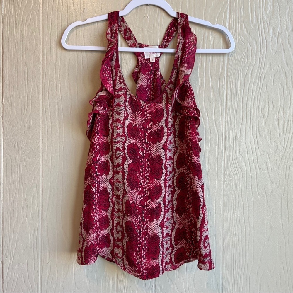 Parker Red Silk Snake Skin Print Ruffle Tank Top